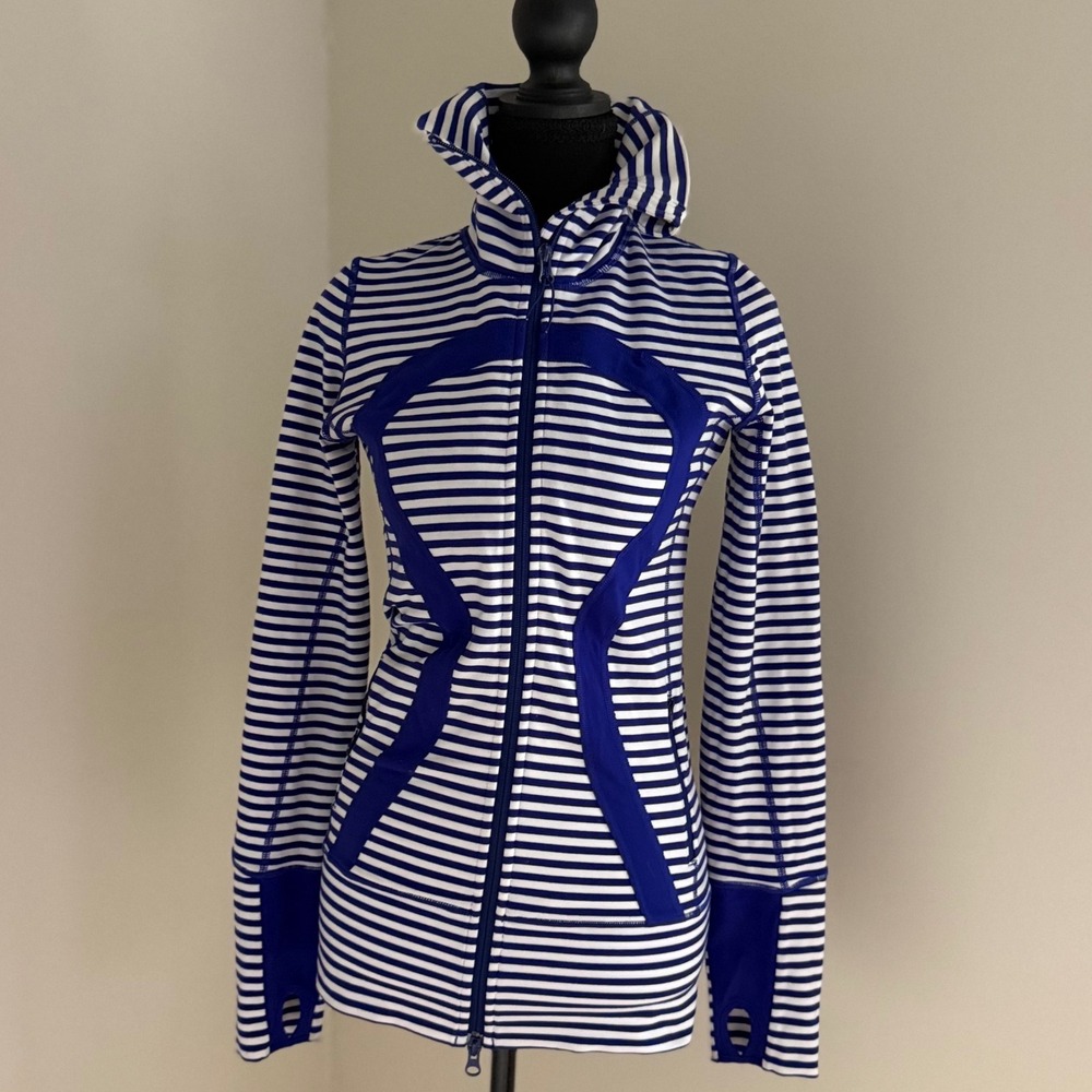 Lululemon Stride Jacket Size 4 Bl/White Stripe Hooded Full Zip Rare Early Model